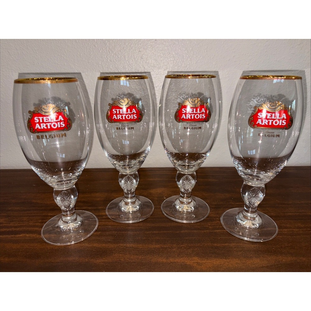 Lot of 4 Stella Artois Glasses Gold Rimmed Goblet